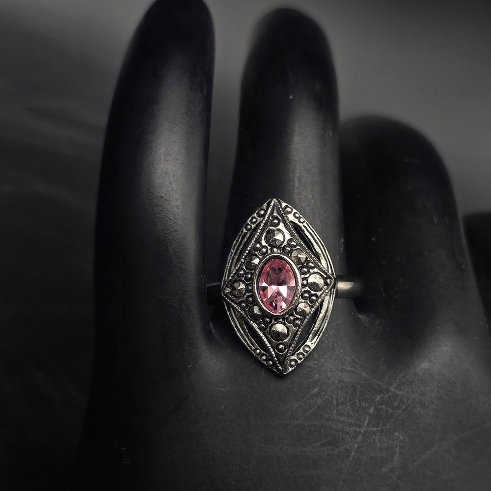 Avon Pink Art Deco Ring Size 7.5 Silver Tone Faux Marcasite Vintage